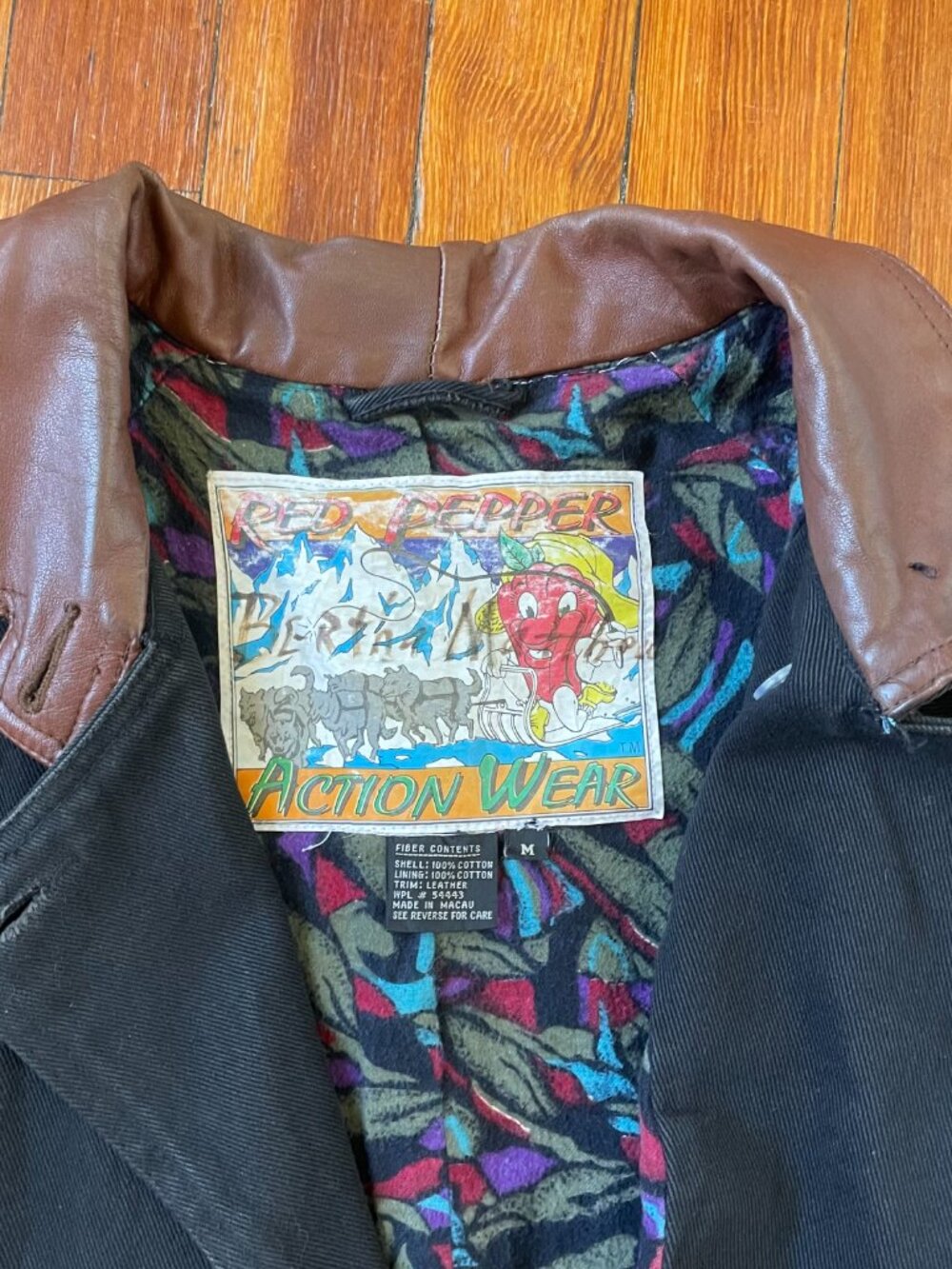 Black Denim Trenchcoat with Colorful Flannel Lining and Brown Leather Collar - Picture 4 of 6